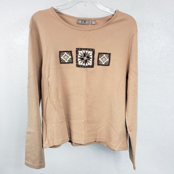 Croft & Barrow Tops - Croft & Barrow Women's Nude Embroidered Scoop Neck Long Sleeve Shirt Top Blouse